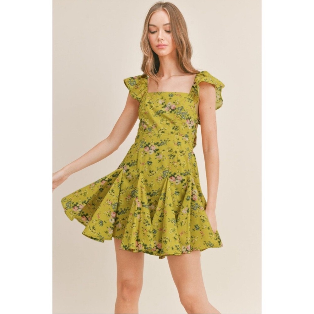Square-Neck Floral Ruffle Mini Dress in Lime